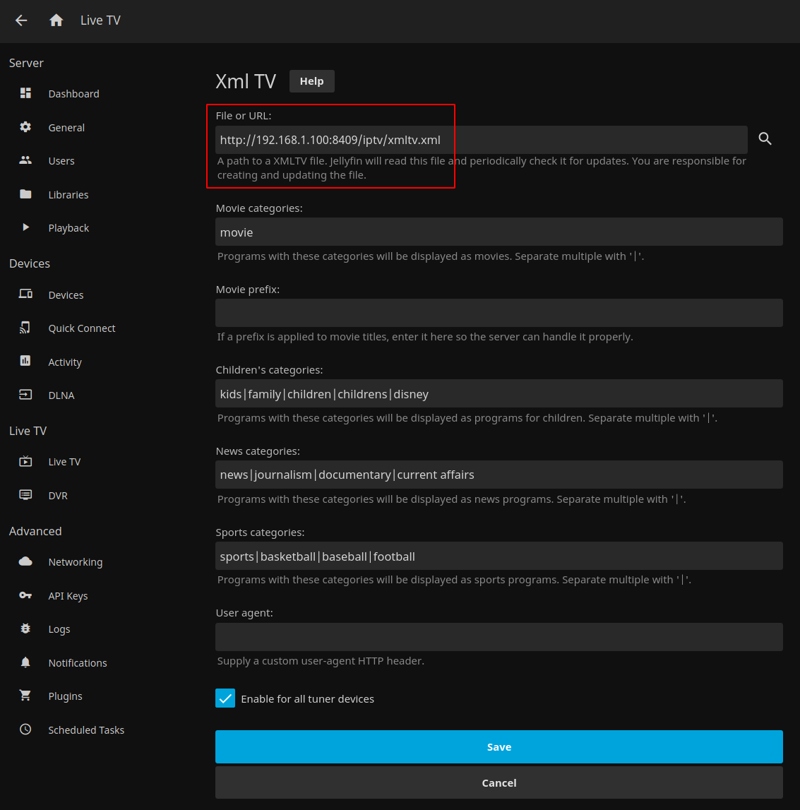 Jellyfin XMLTV Settings